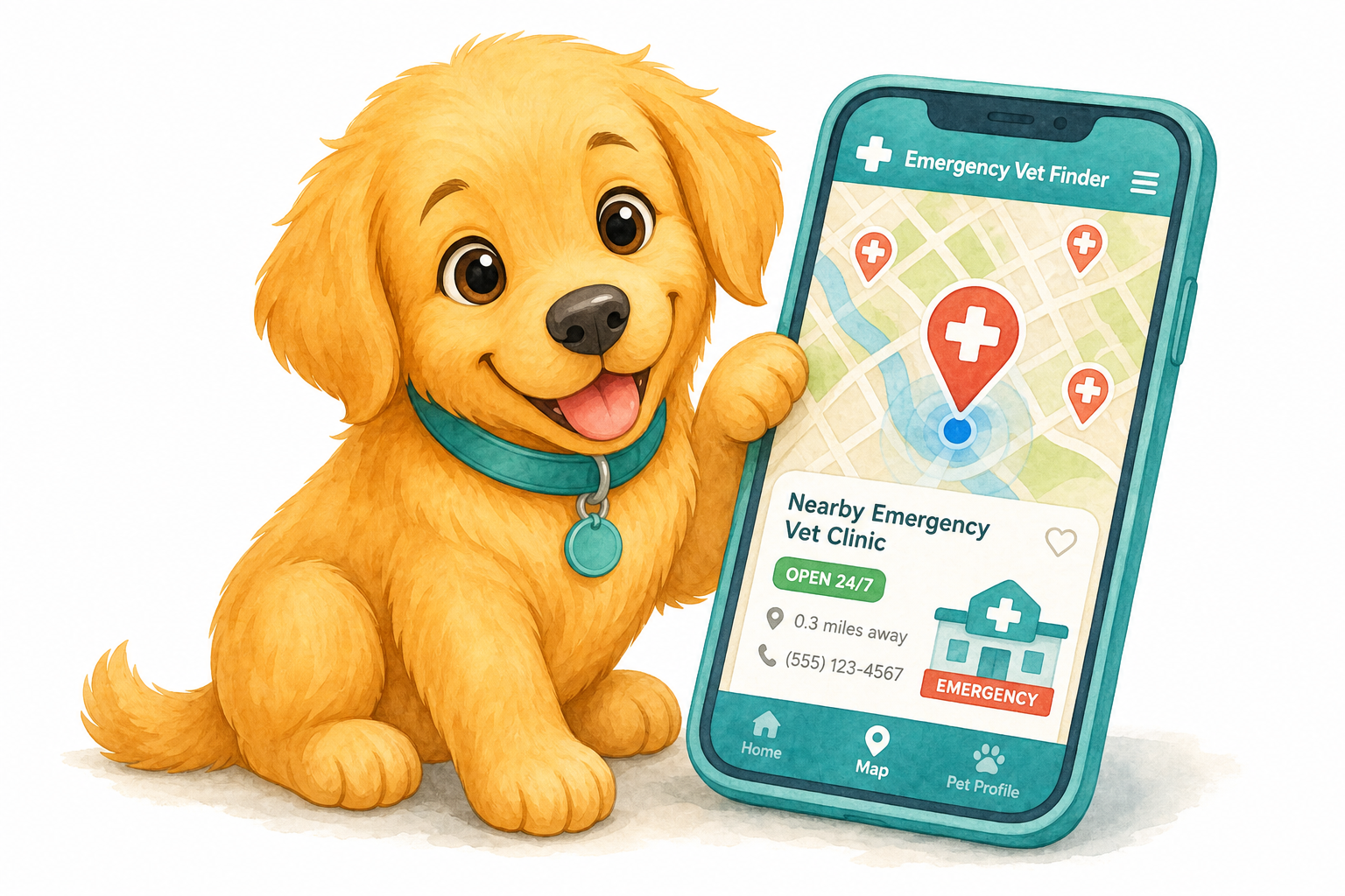 Golden retriever puppy beside a phone map showing nearby emergency veterinary hospitals