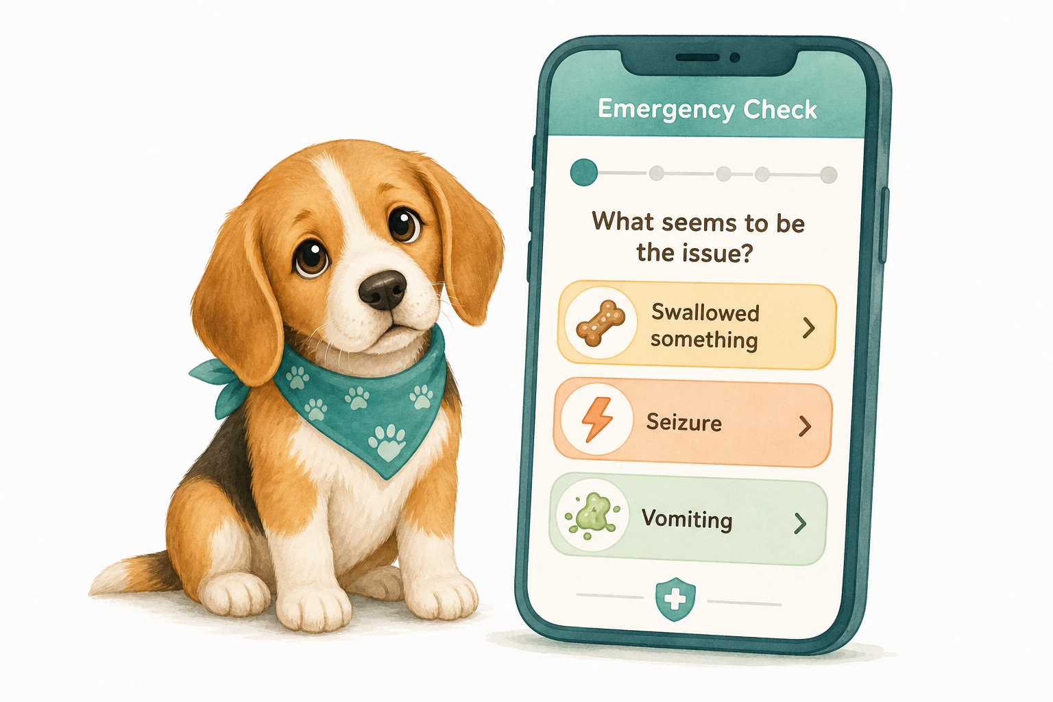 Beagle puppy beside a phone showing structured emergency check options for swallowed objects, seizures, and vomiting