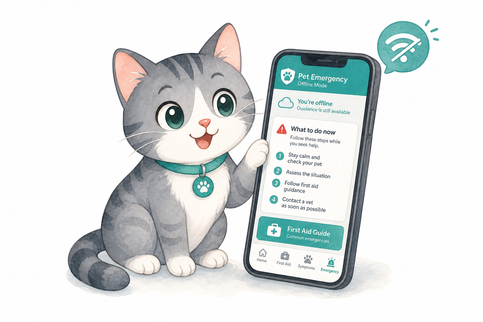Grey tabby cat beside a phone showing emergency guidance still available in offline mode without internet