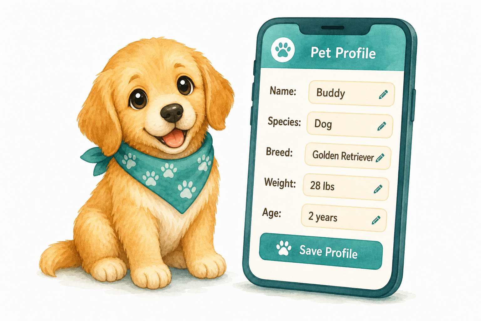 Golden retriever puppy beside a phone showing saved pet profile fields for name, species, breed, weight, and age