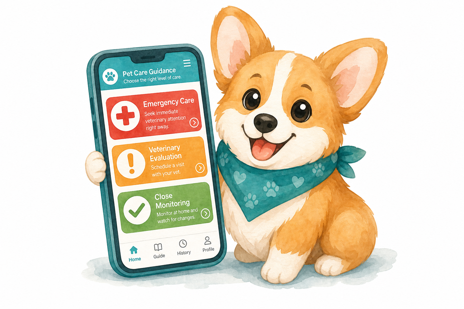 Corgi puppy beside a phone displaying color-coded urgency guidance for emergency care, veterinary evaluation, and close monitoring