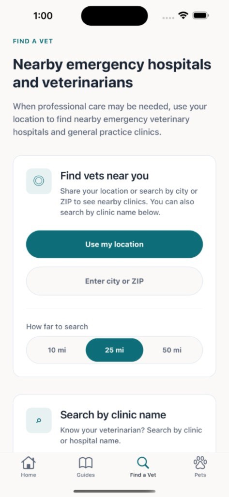 Paw Navigator Find a Vet screen with location search and distance radius options