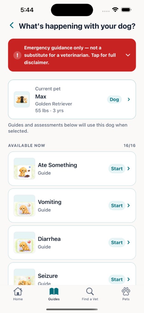 Paw Navigator dog emergency guide list including Ate Something, Vomiting, Diarrhea, and Seizure