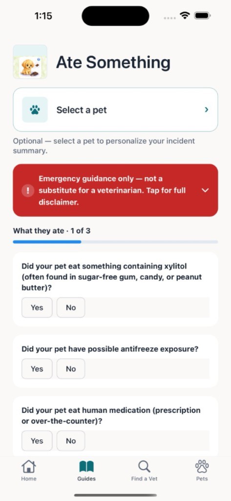 Paw Navigator Ate Something guide showing structured yes-or-no triage questions