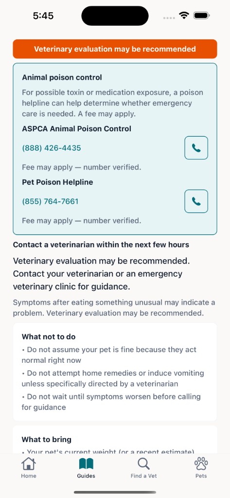 Paw Navigator urgency guidance screen with poison control helplines and what not to do advice