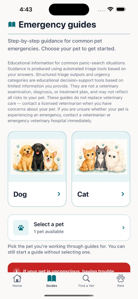 Paw Navigator Guides tab with dog and cat emergency guide categories