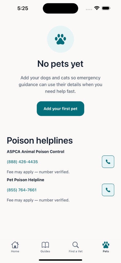 Paw Navigator Pets tab for adding pet profiles and viewing poison helplines