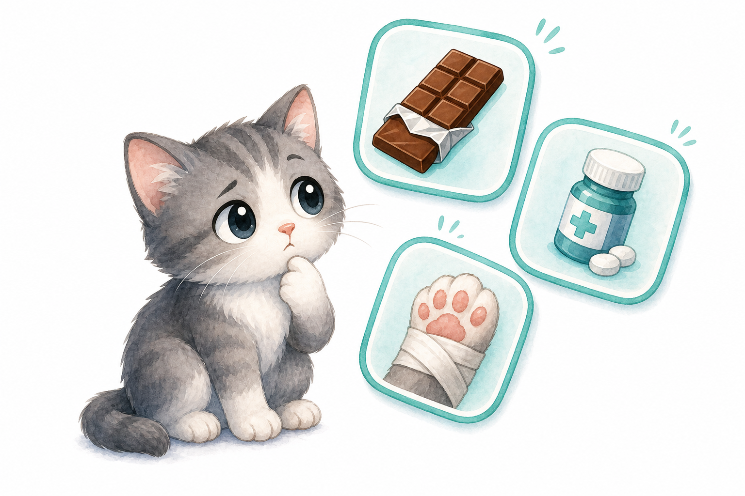 Chibi grey tabby kitten looking at floating emergency situation icons for chocolate, medication, and injury