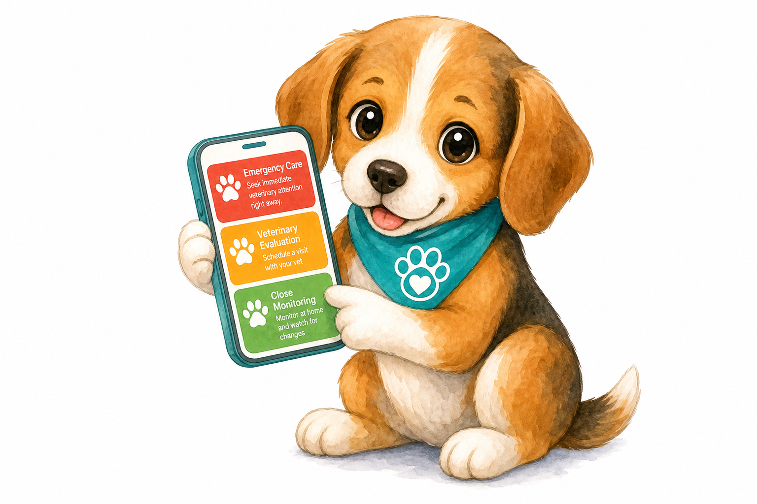 Chibi beagle puppy holding a phone displaying color-coded urgency guidance cards for emergency care, veterinary evaluation, and close monitoring