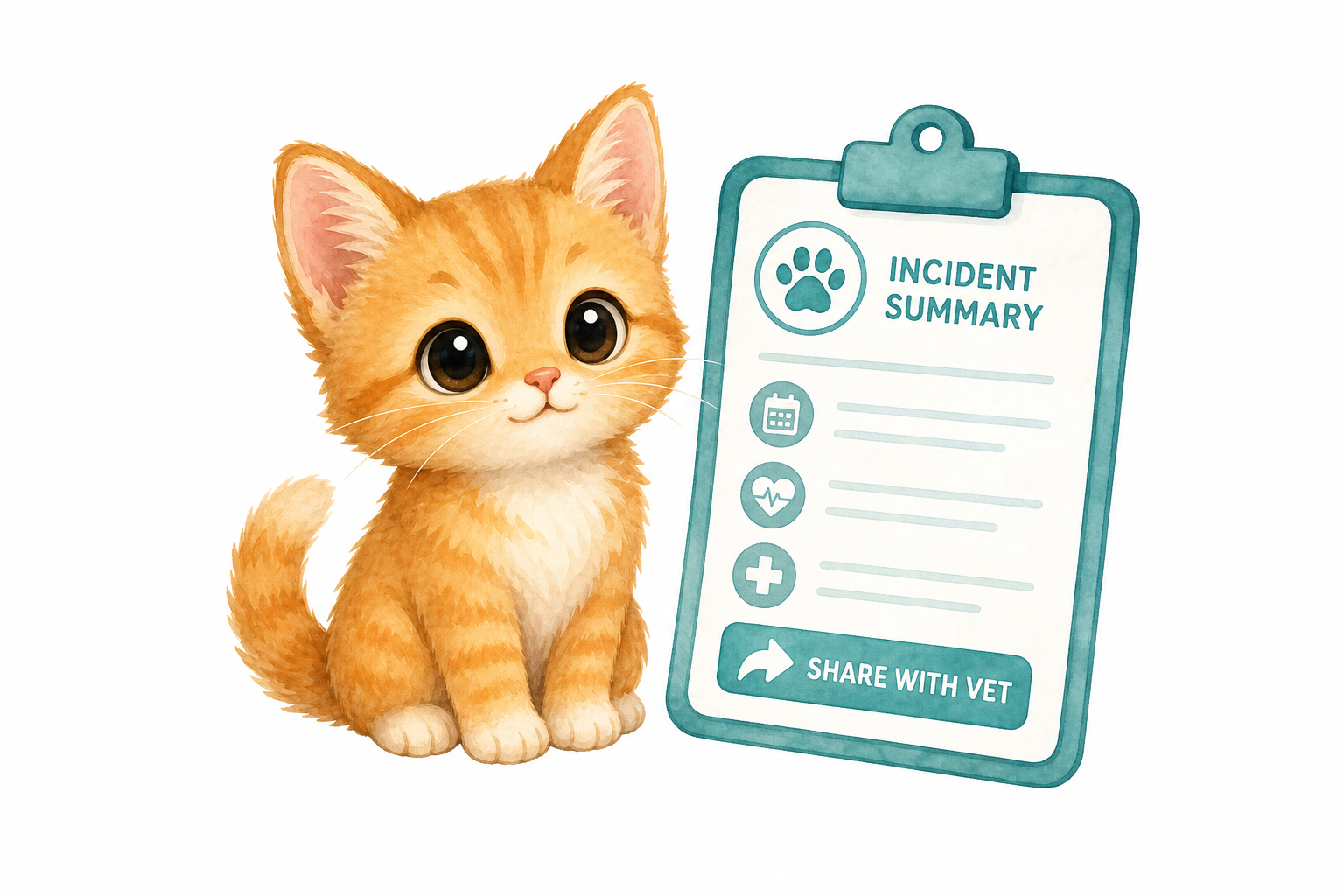 Chibi orange tabby kitten beside an incident summary clipboard with a share-with-vet button