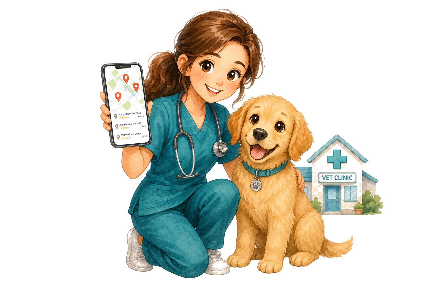 Friendly veterinarian with a golden retriever puppy, holding a phone showing nearby emergency vet clinics on a map