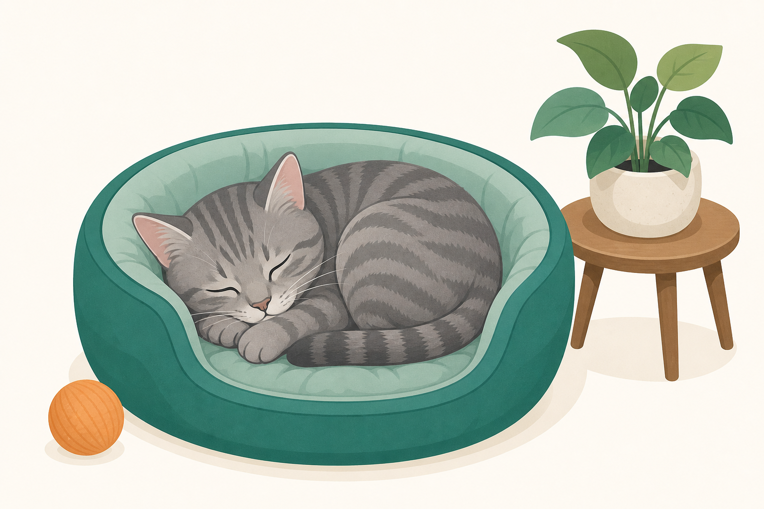 Sleeping grey tabby cat in a pet bed with a ball and side table