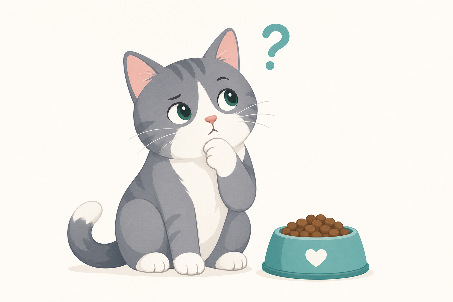 Thoughtful grey and white cat with a question mark and food bowl