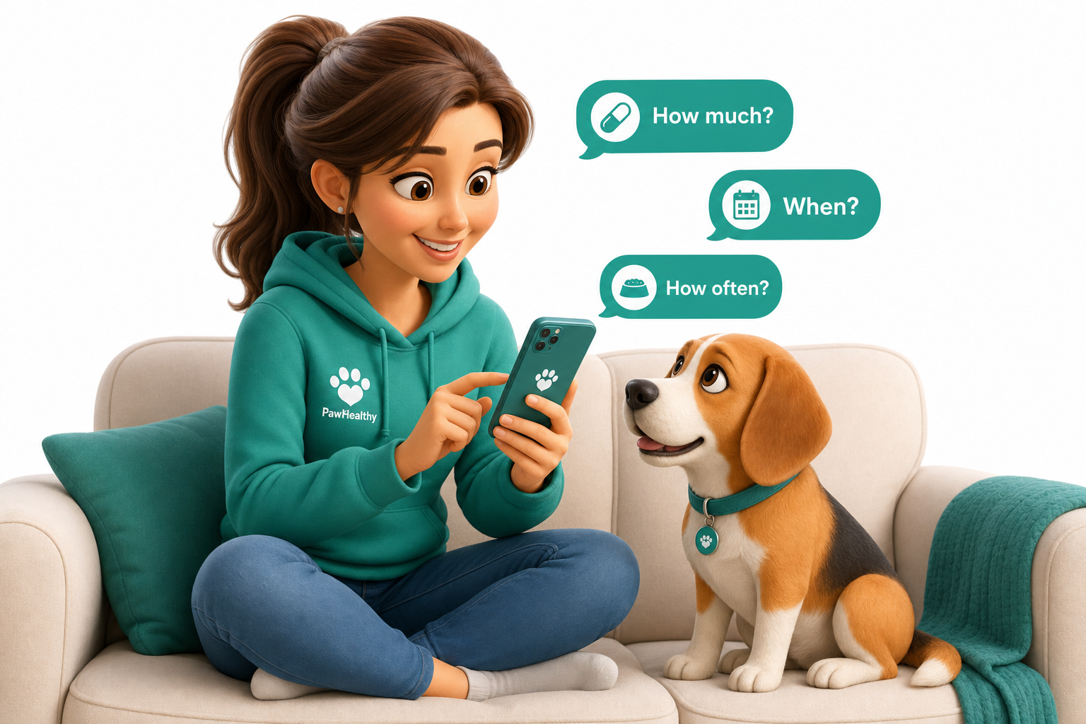 Pet owner in a teal hoodie answering structured health questions on a smartphone while sitting with a beagle on the couch