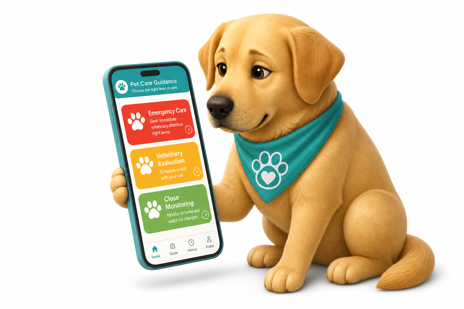 Golden retriever puppy holding a phone displaying three color-coded urgency guidance cards for emergency care, veterinary evaluation, and close monitoring