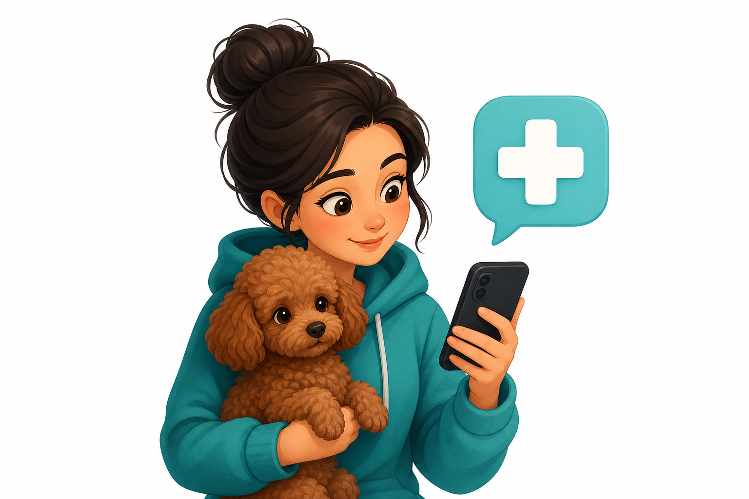 Pet owner in a teal hoodie holding a small brown poodle while reviewing guidance on a smartphone