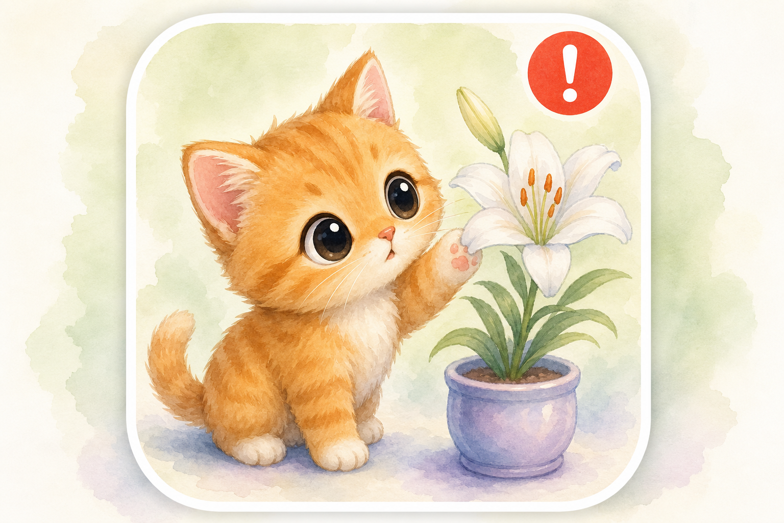 Chibi ginger kitten reaching toward a white lily — educational guide for lily and toxic plant exposure in cats