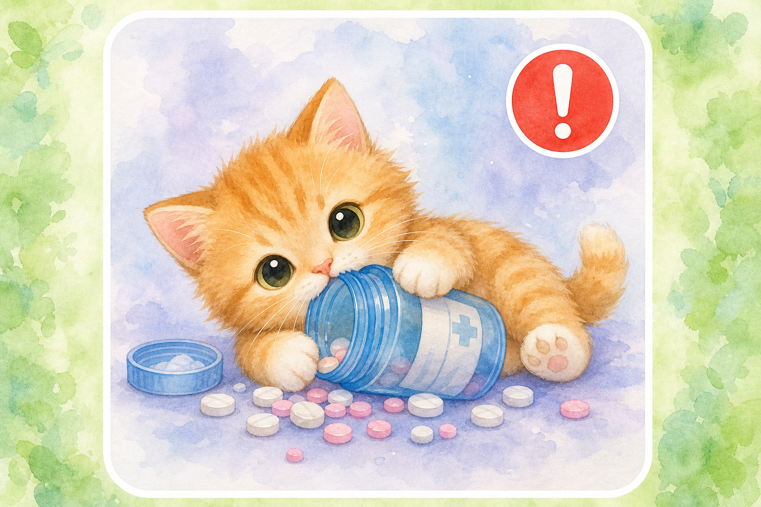 Chibi ginger kitten beside a spilled pill bottle — educational guide for human medication ingestion in cats