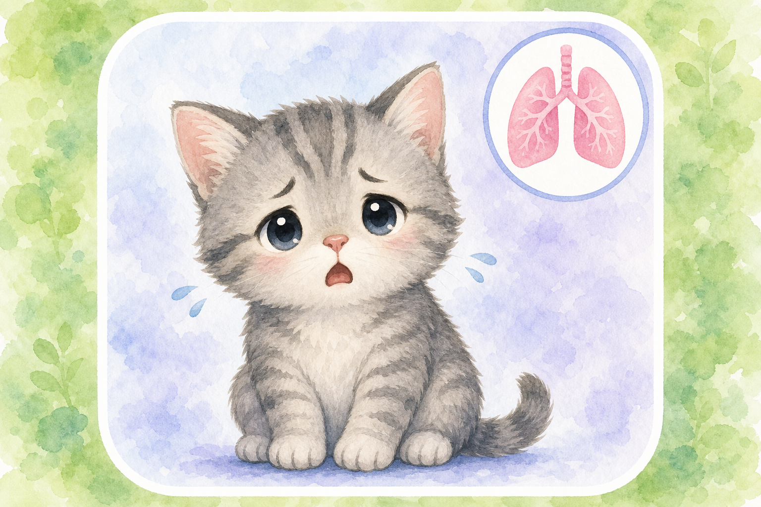 Chibi grey tabby kitten with open mouth and worried expression — educational guide for breathing difficulty in cats