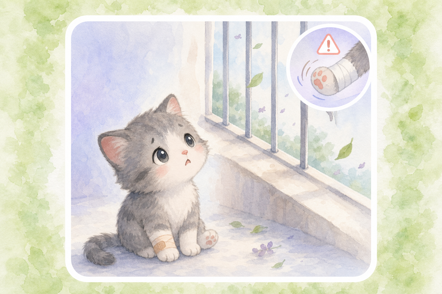 Chibi grey and white kitten with a bandaged paw near a window — educational guide for falls from height in cats