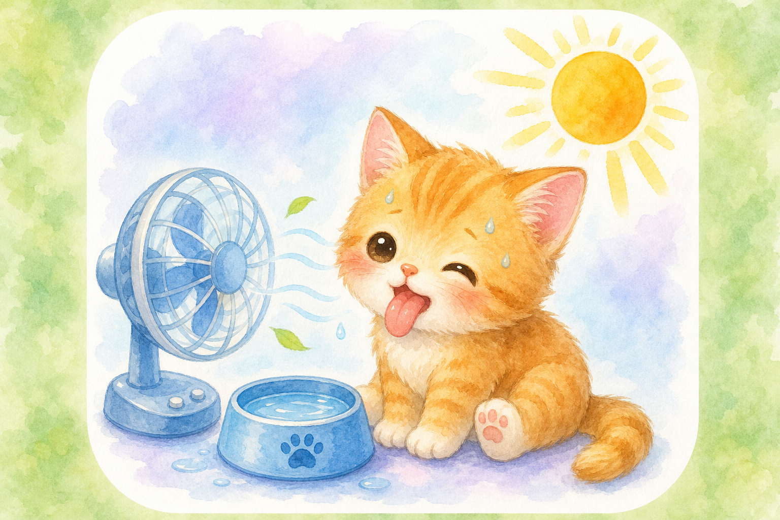 Chibi ginger kitten panting beside a fan and water bowl — educational guide for heat exposure in cats