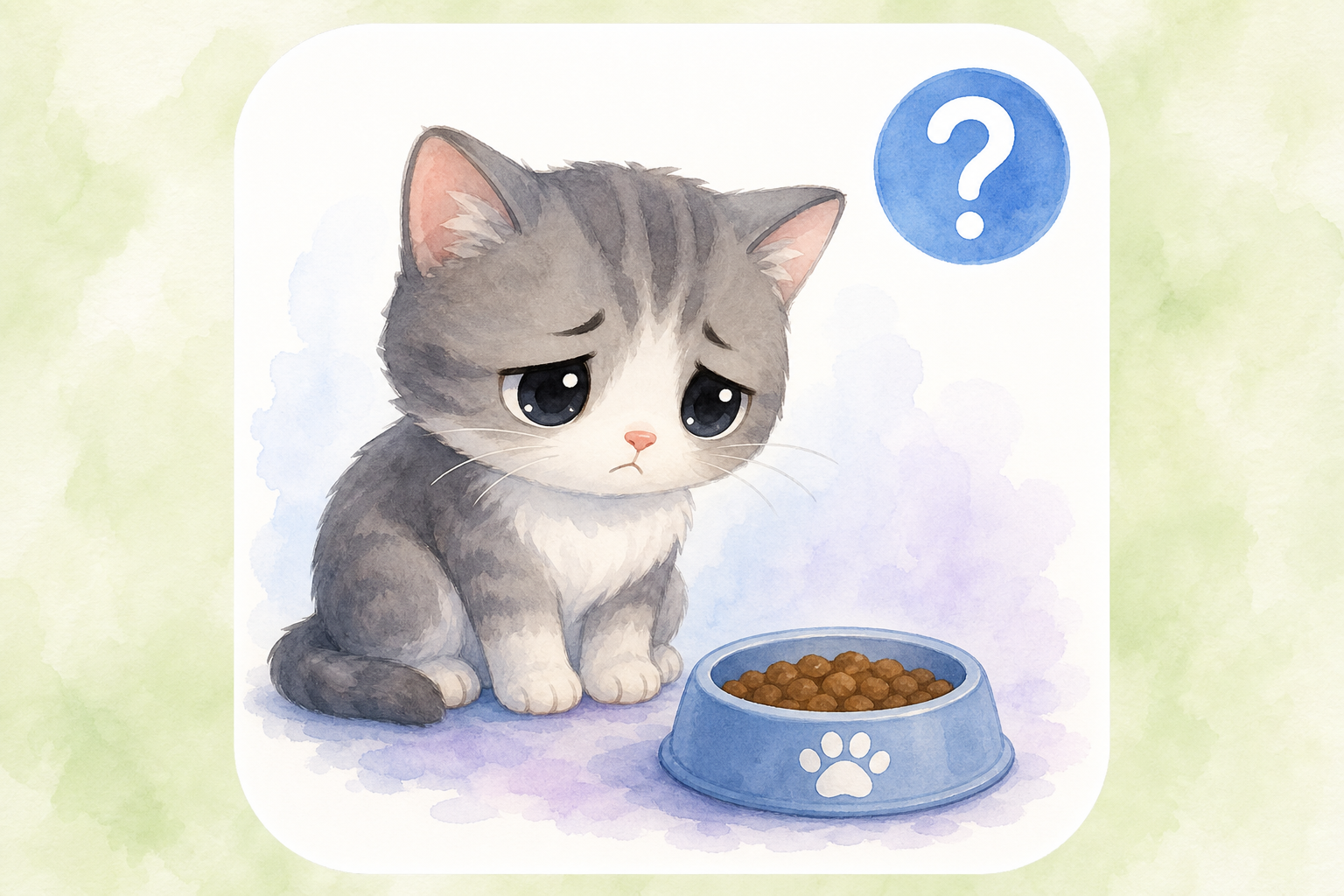 Chibi grey and white cat ignoring a food bowl — educational guide for cats not eating