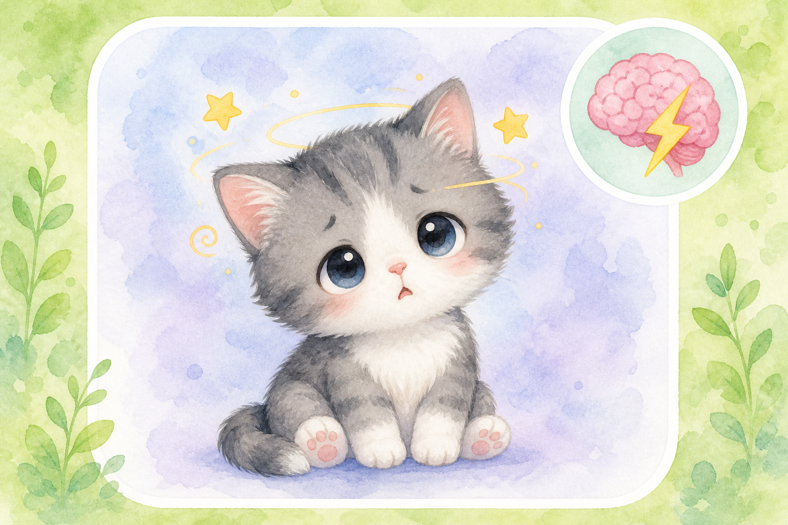 Chibi grey and white kitten looking dazed — educational guide for seizures in cats