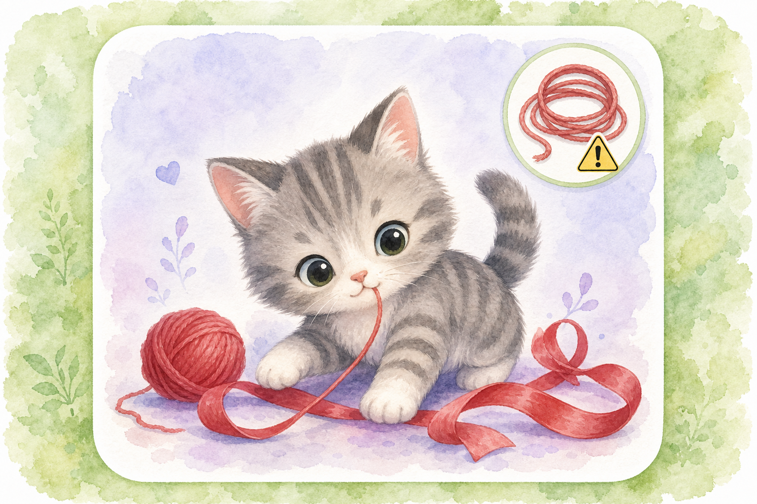Chibi grey tabby kitten with string hanging from mouth — educational guide for swallowed string or ribbon in cats