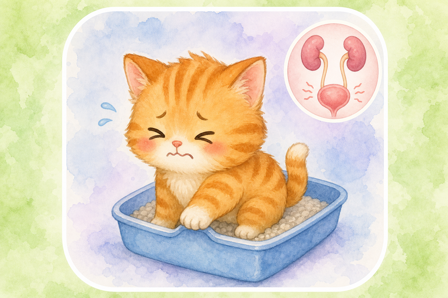 Chibi orange tabby kitten in a litter box looking uncomfortable — educational guide for urinary blockage in cats