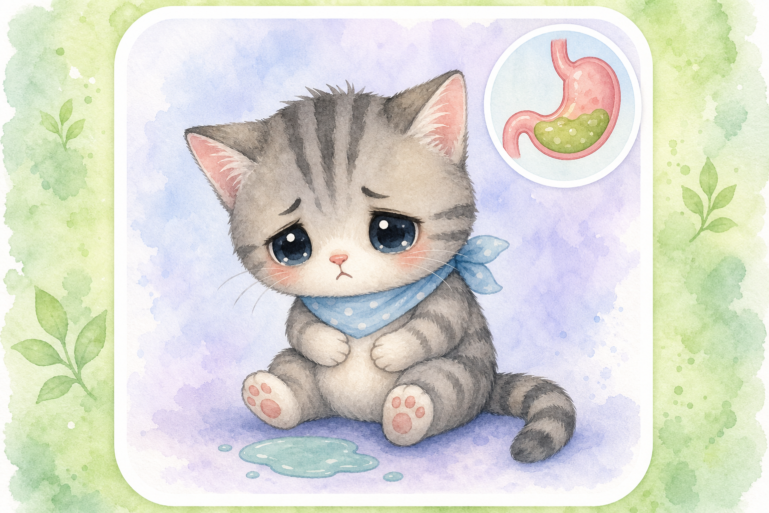 Chibi grey tabby kitten looking unwell beside a small puddle — educational guide for vomiting in cats