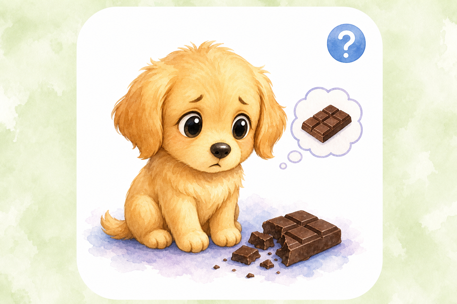 Chibi golden retriever puppy with a thought bubble showing chocolate — educational guide for chocolate ingestion in dogs