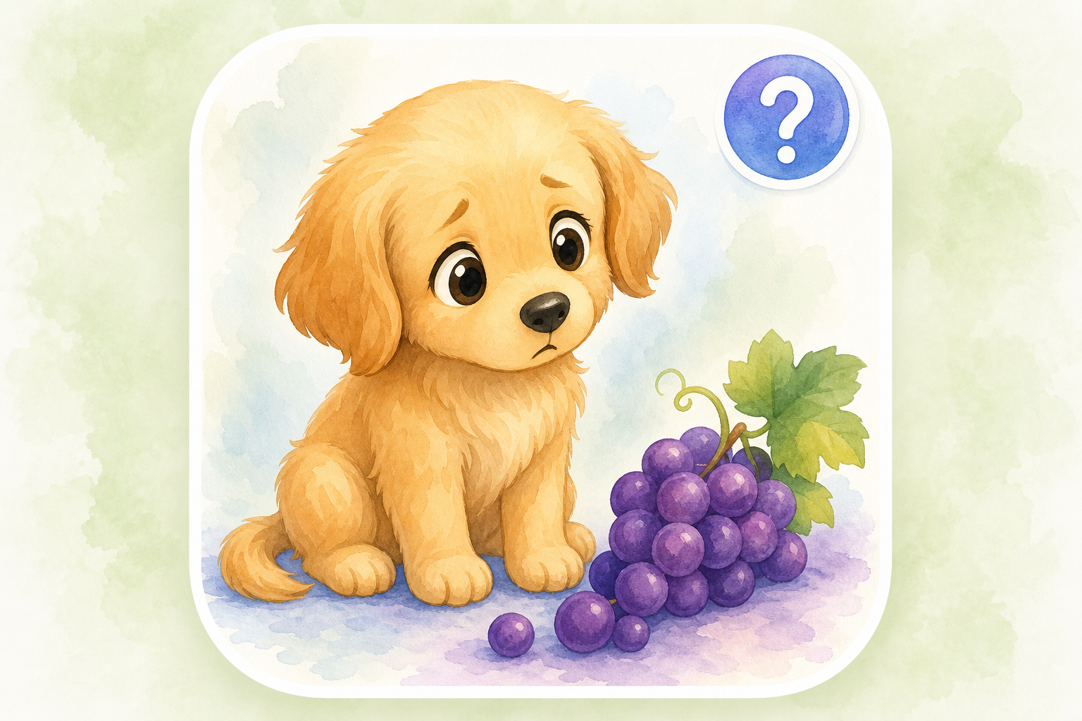 Chibi golden retriever puppy sitting beside a bunch of grapes — educational guide for grape and raisin ingestion in dogs