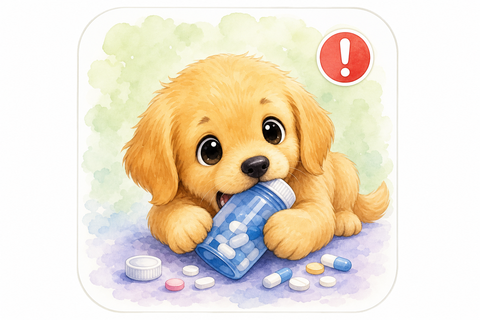 Chibi golden retriever puppy beside a spilled pill bottle — educational guide for human medication ingestion in dogs