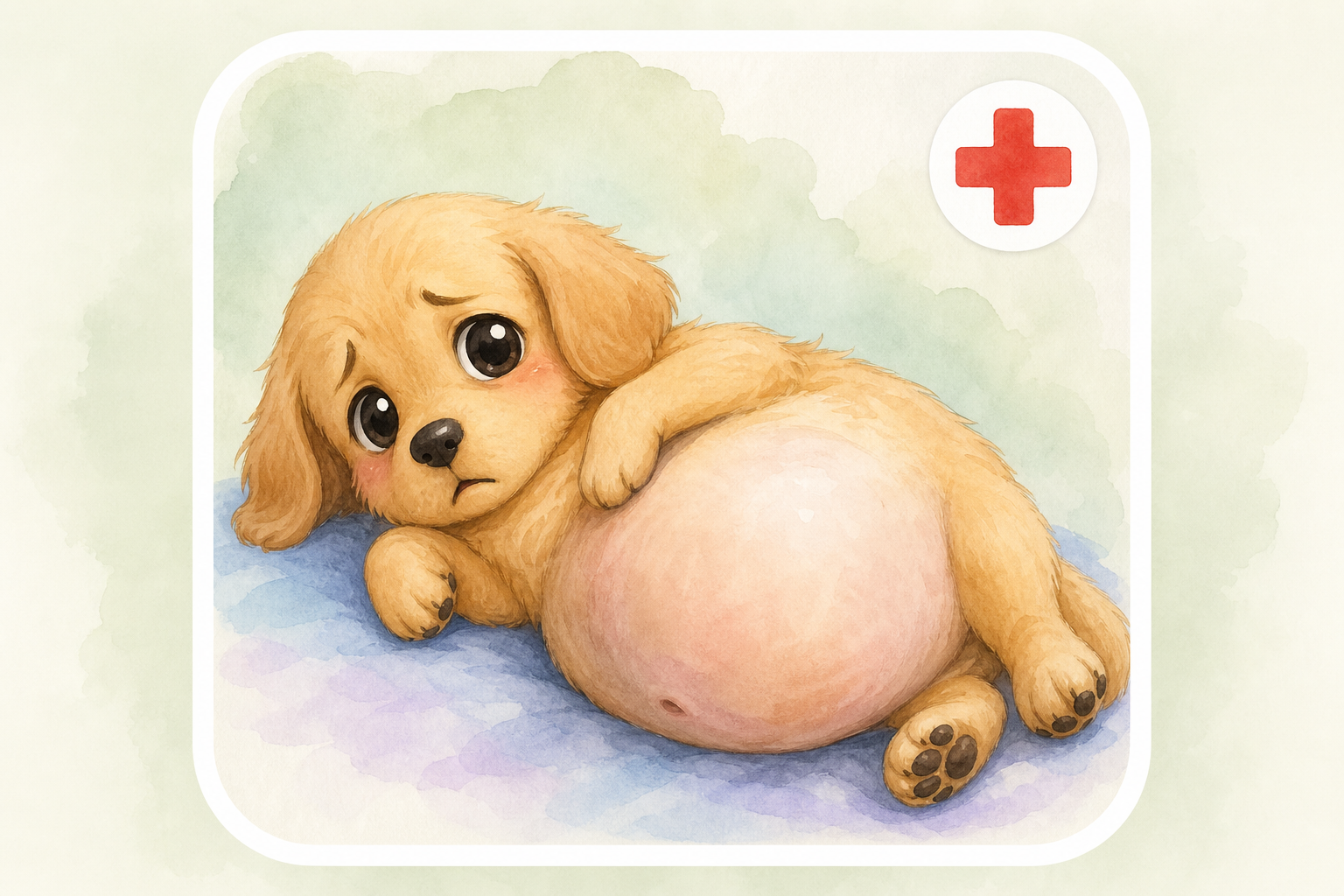 Chibi golden retriever puppy with a distended belly — educational guide for bloated stomach in dogs
