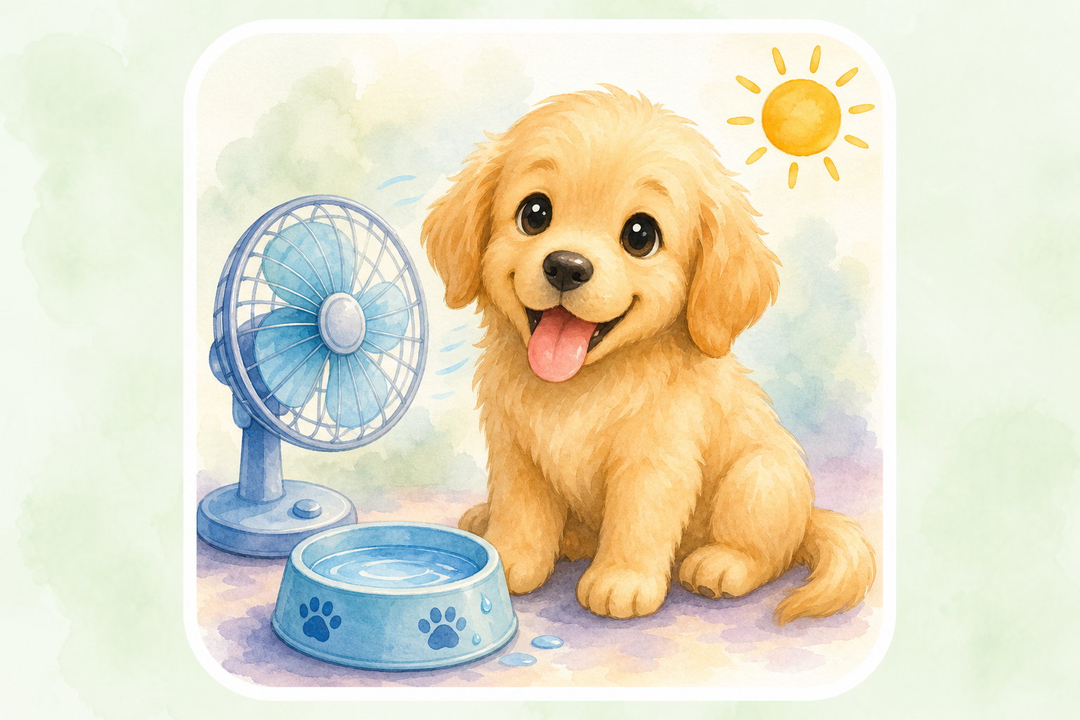 Chibi golden retriever puppy panting beside a fan and water bowl — educational guide for heat stroke in dogs