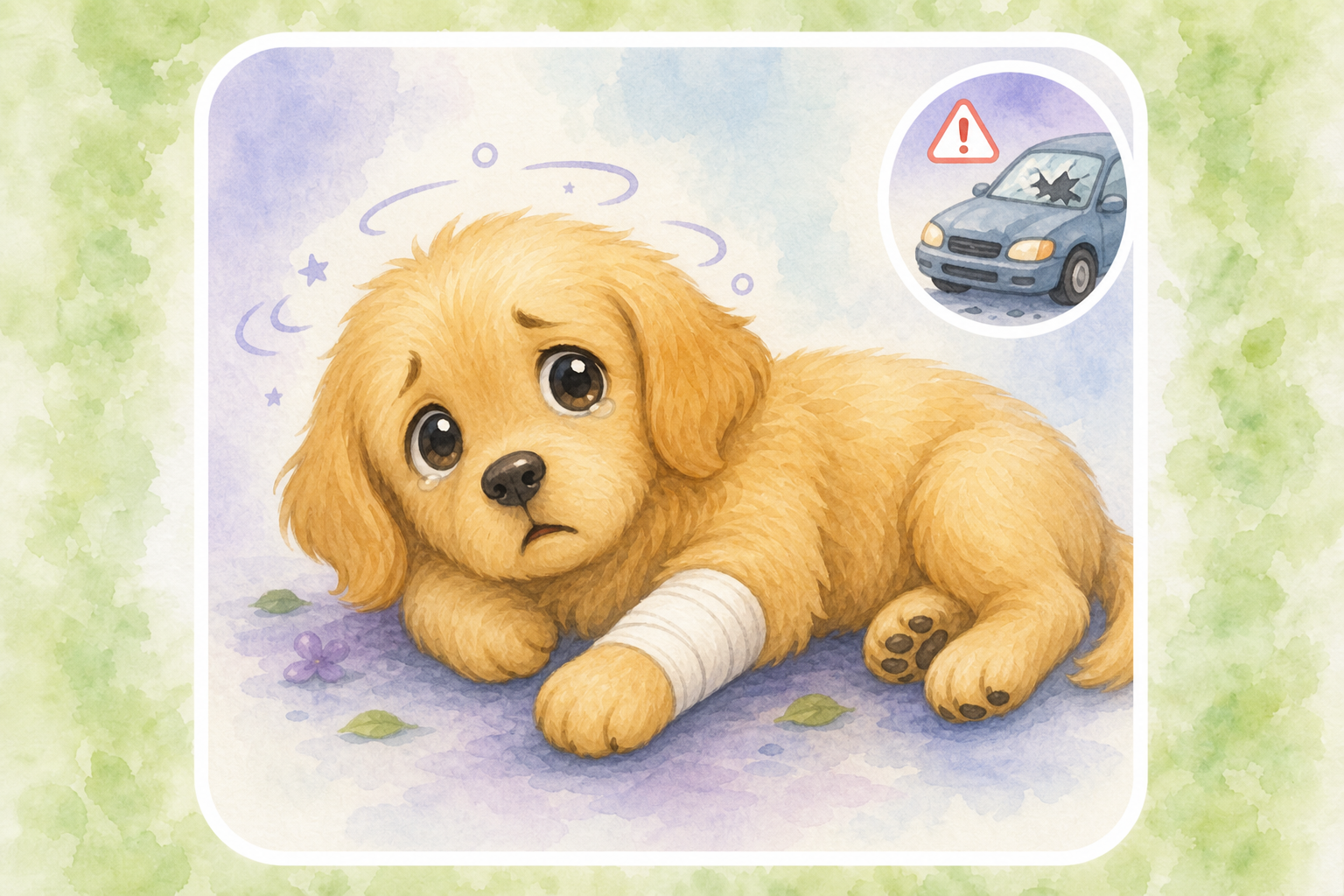 Chibi golden retriever puppy with a bandaged leg — educational guide for trauma and hit-by-car injuries in dogs
