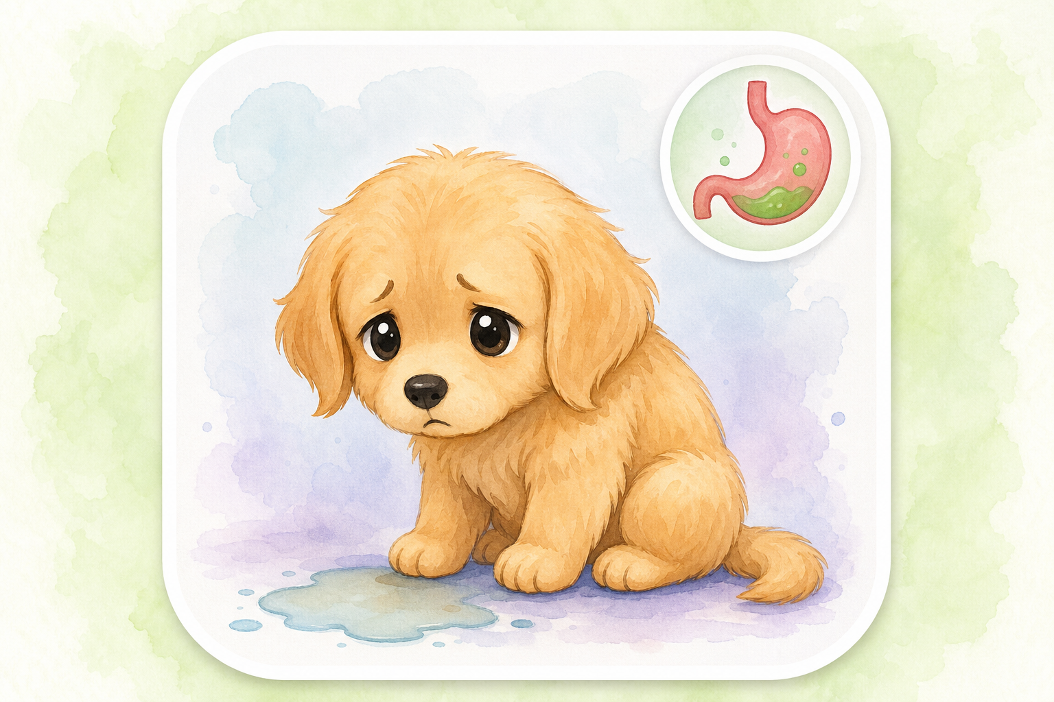 Chibi golden retriever puppy looking unwell — educational guide for vomiting in dogs